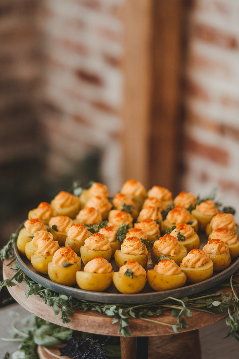 An indoor appetizer platter of halved small yellow potatoes topped with a turmeric-tinted creamy filling and paprika sprinkle. This should be a photo, not an illustration. No text or logos anywhere in the scene.