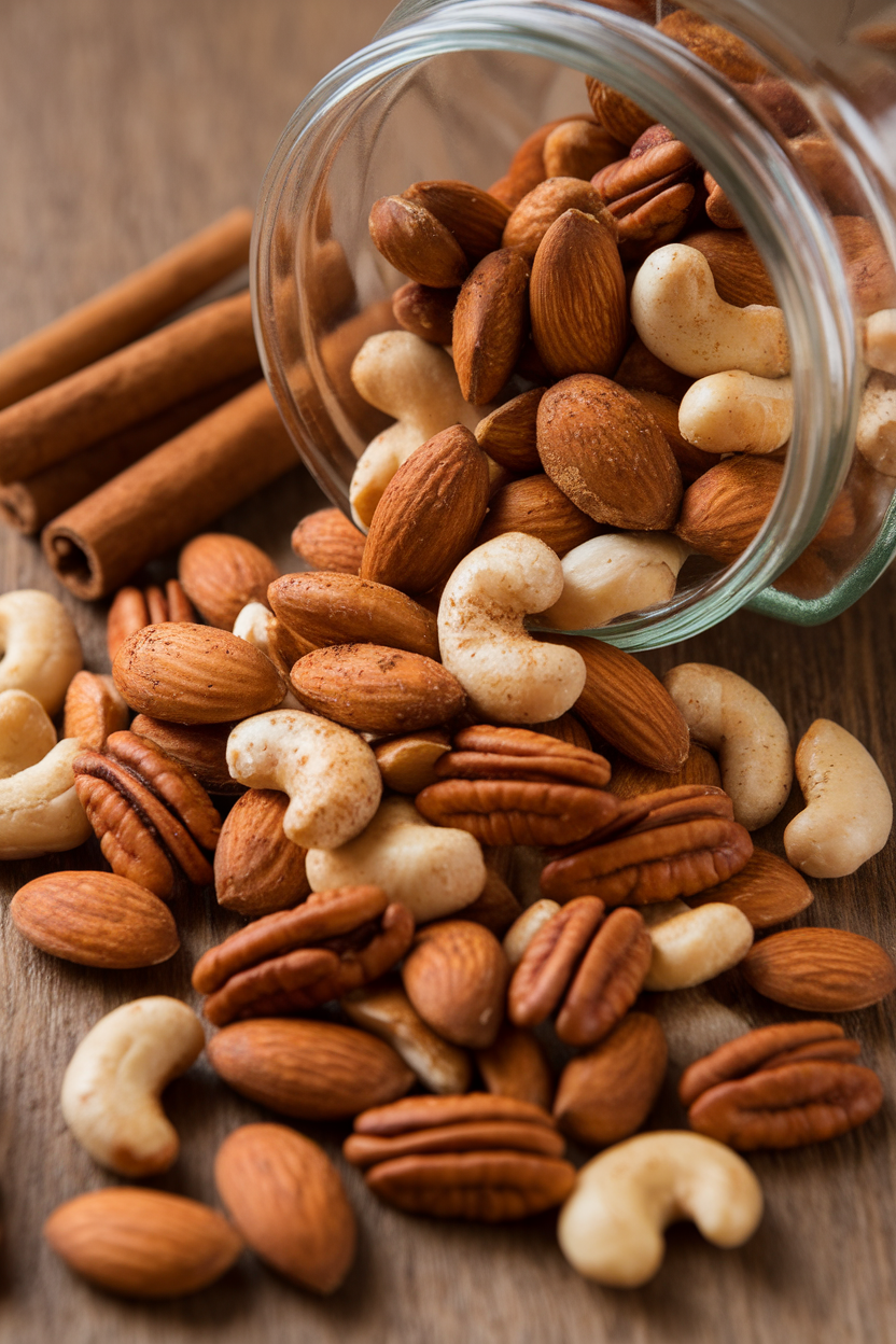 An indoor glass jar spilling out toasted mixed nuts coated in gingerbread spices, cinnamon sticks beside it, no logos.