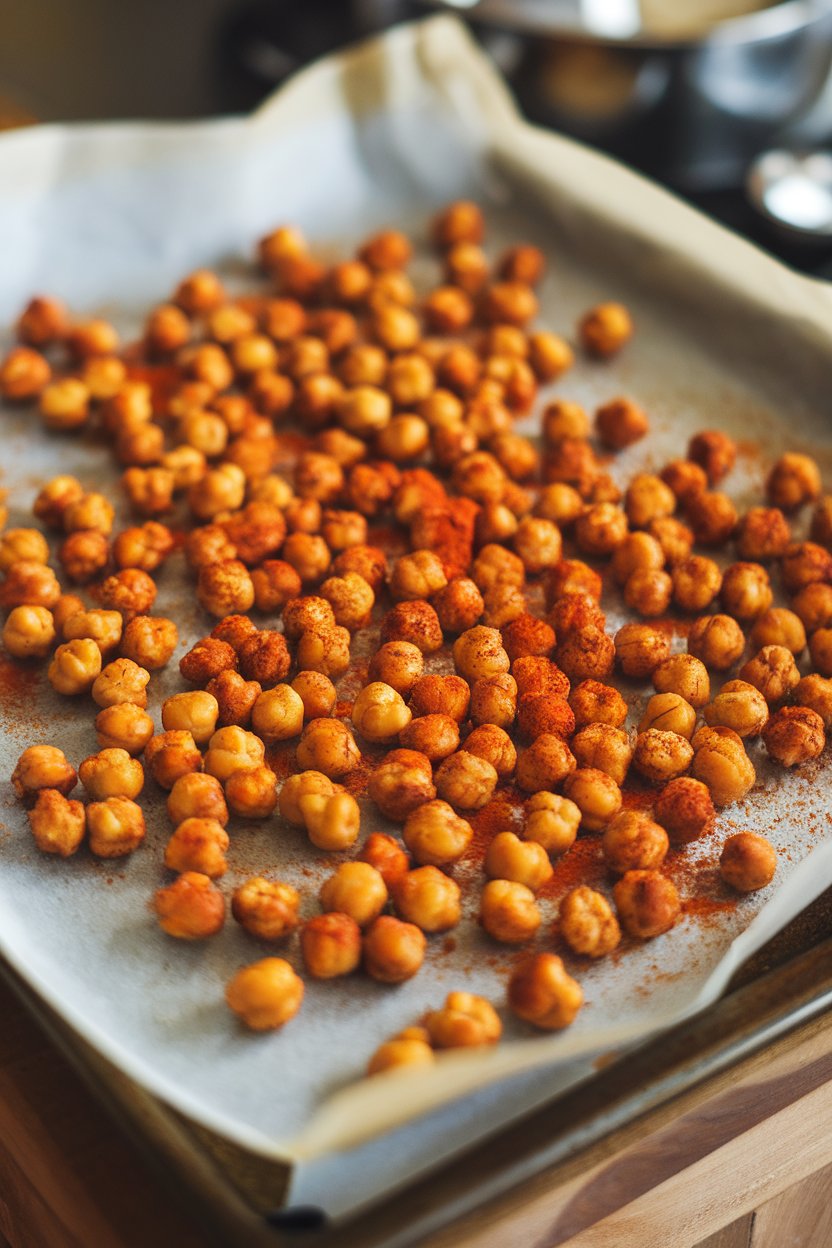 A parchment-lined indoor baking tray covered in crunchy roasted chickpeas dusted with red paprika. No text or logos.