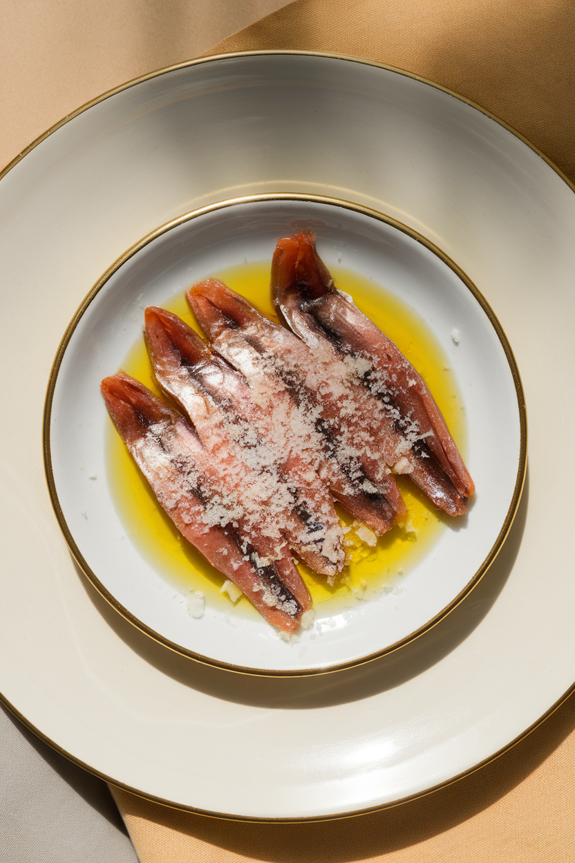 Indoor photo of a few cooked anchovy fillets arranged on a saucer of olive oil, overhead light; no text or logos