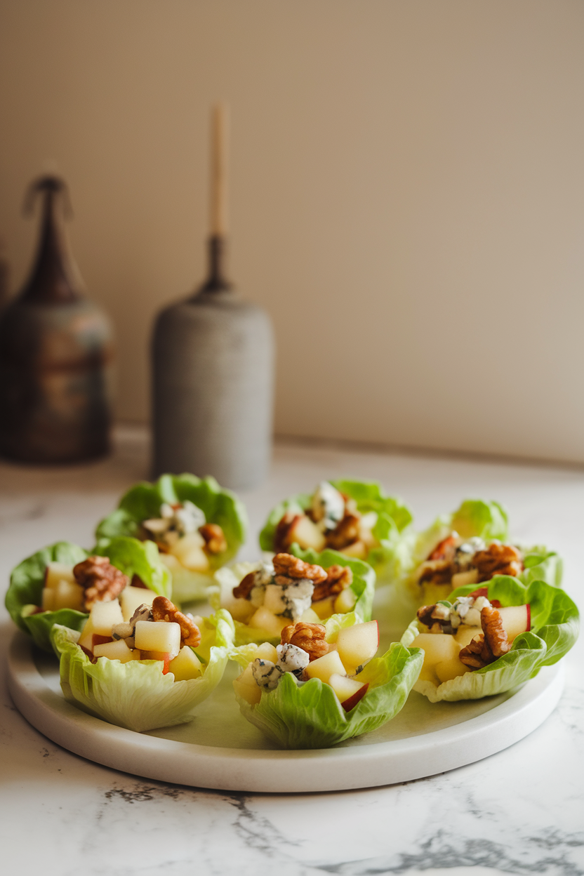 Photo taken indoors of small butter-lettuce cups filled with diced apple, toasted walnuts, and a hint of blue cheese crumble, sitting on a marble plate. No logos or text.