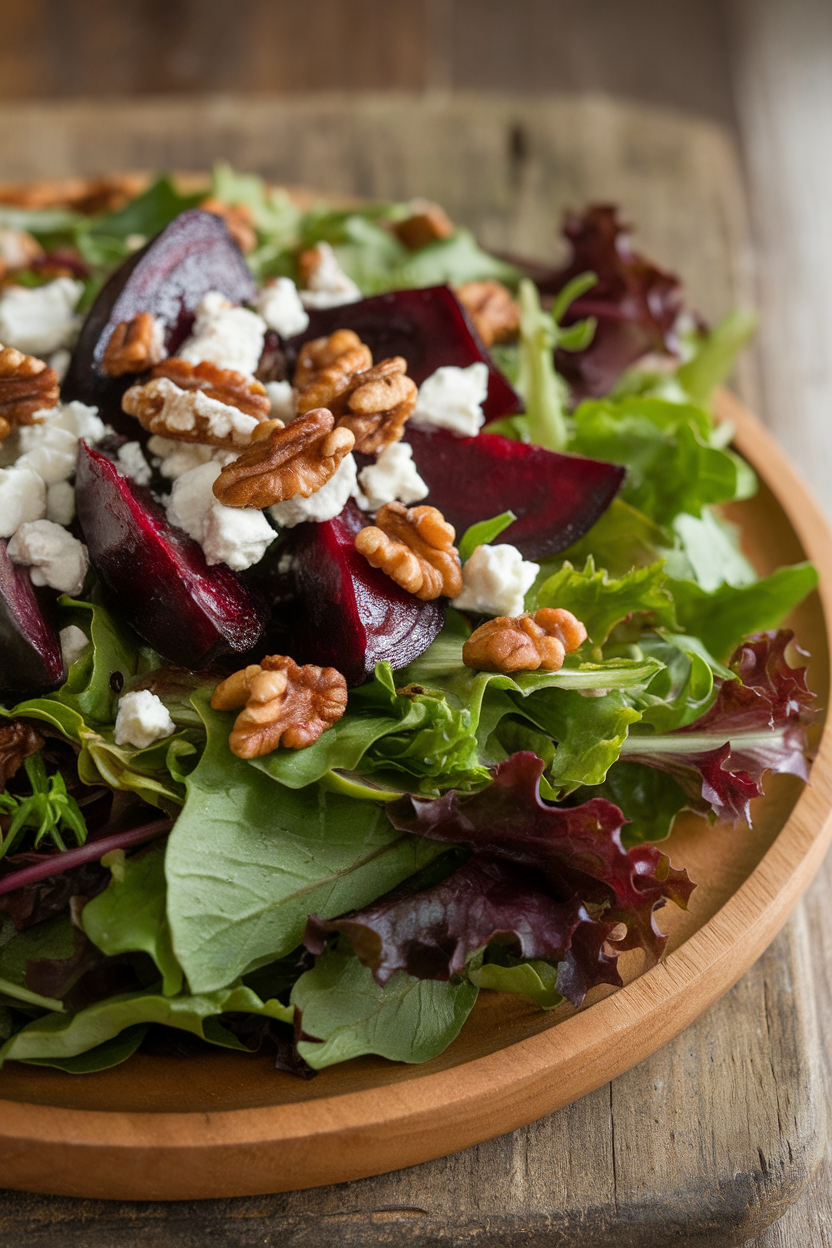 Indoor photo of mixed greens topped with roasted beet wedges, goat cheese crumbles, and candied walnuts on a platter; no text or logos