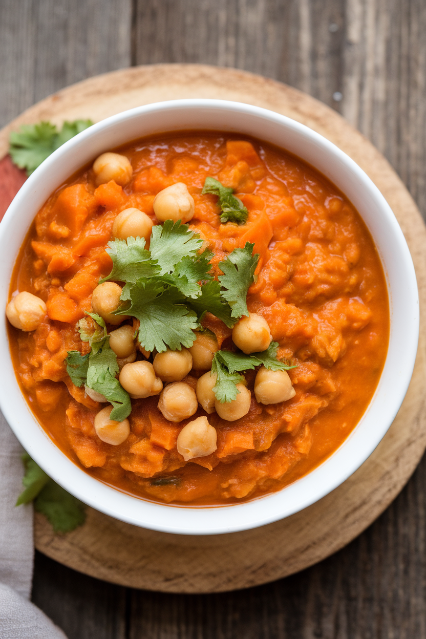 Indoor photo of bright orange carrot chili with chickpeas, flecks of fresh ginger on top; no text or logos.