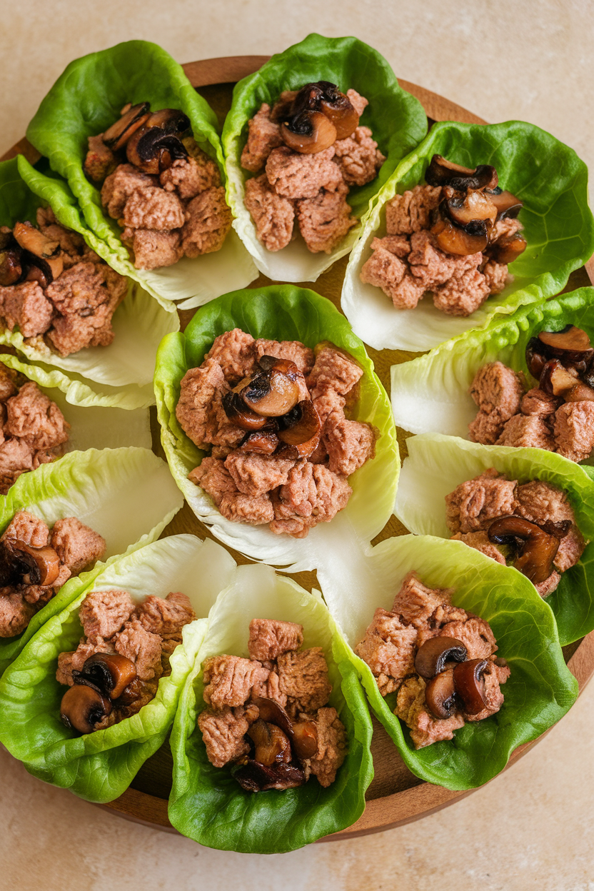 Indoor photo of butter lettuce leaves filled with ground turkey and diced mushrooms in a light soy glaze, set on a wooden platter, no text or logos.