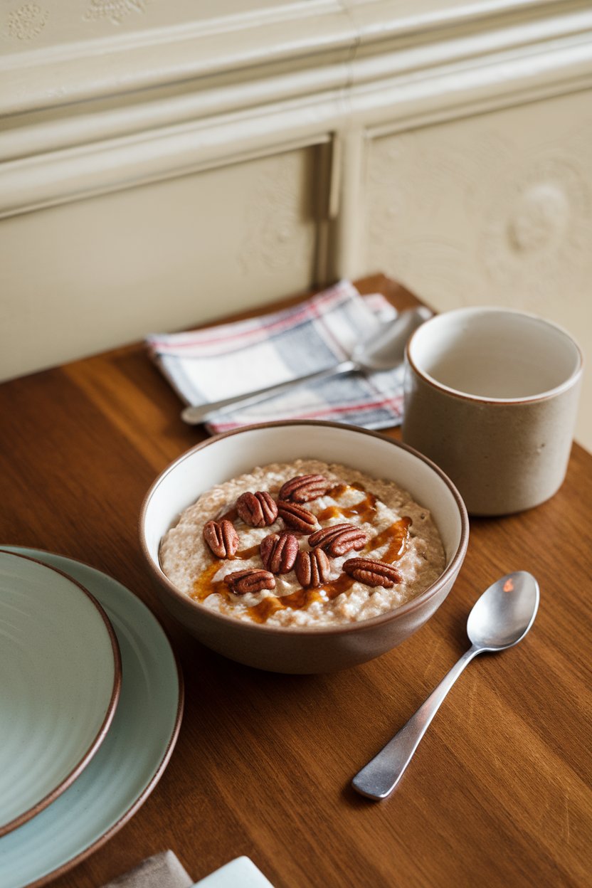 Indoor wooden table featuring a bowl of oatmeal drizzled with maple syrup and scattered toasted pecans. No text or logos. Photo.