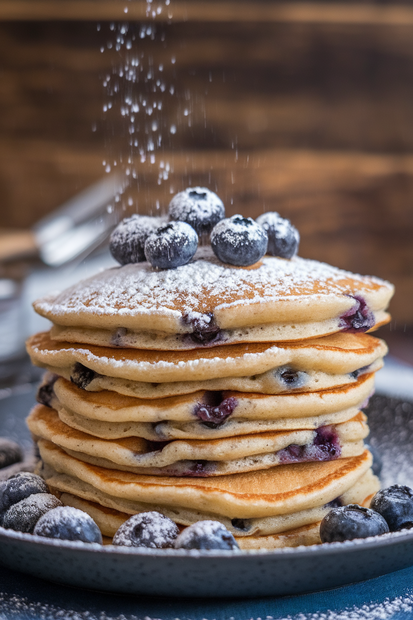 Indoor photo of blueberry pancakes dusted generously with powdered sugar resembling snow; no text or logos.