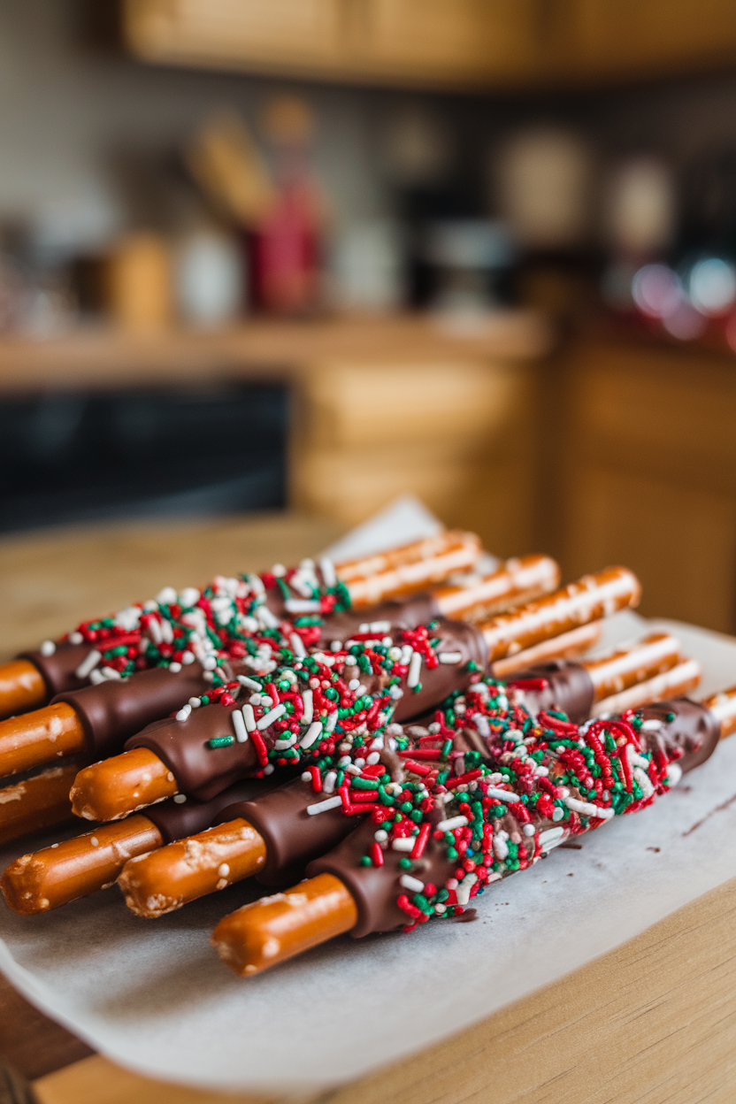 Indoor scene showing pretzel rods half-dipped in chocolate and coated with festive sprinkles, set on parchment; no logos. Photo, not illustration.