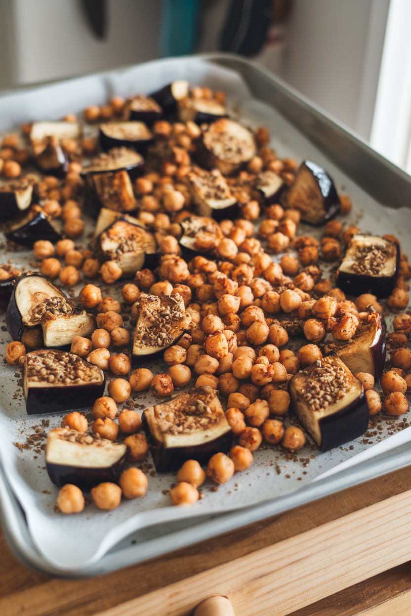 Sheet pan indoors showing roasted eggplant cubes and chickpeas seasoned with cumin, no text or logos