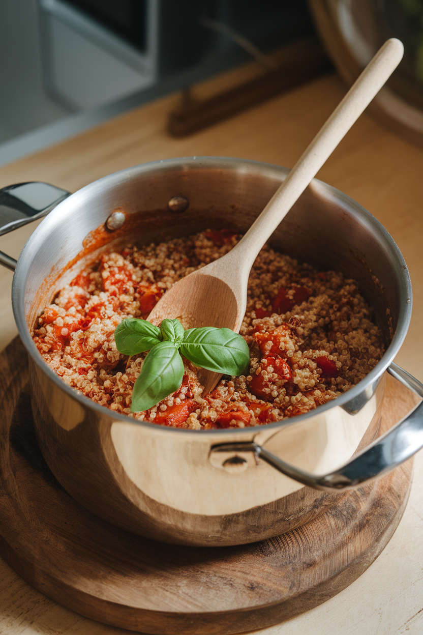 Photo of a pot of saucy tomato basil quinoa with a wooden spoon resting inside, indoor kitchen lighting, no text or logos