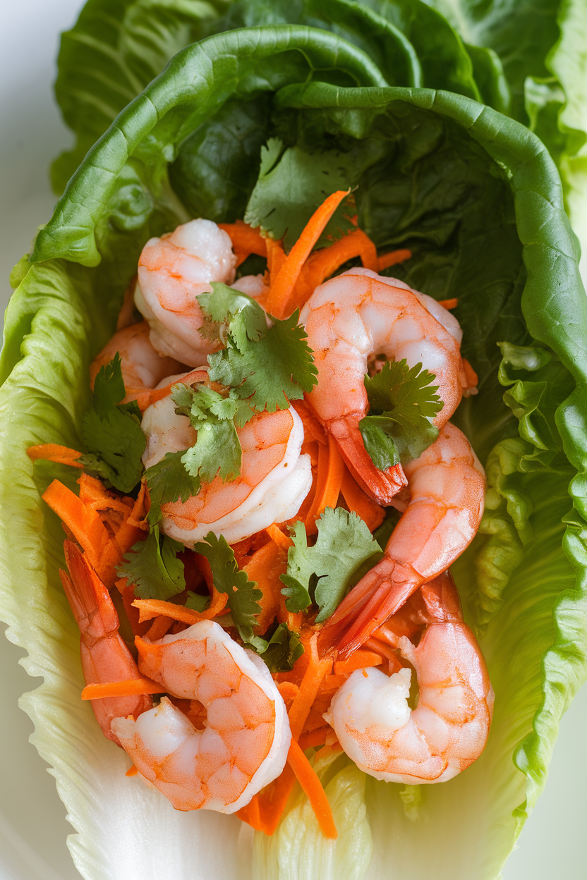 Indoor photo of crisp romaine leaves filled with cooked spicy shrimp, shredded carrots, and cilantro; no text or logos.