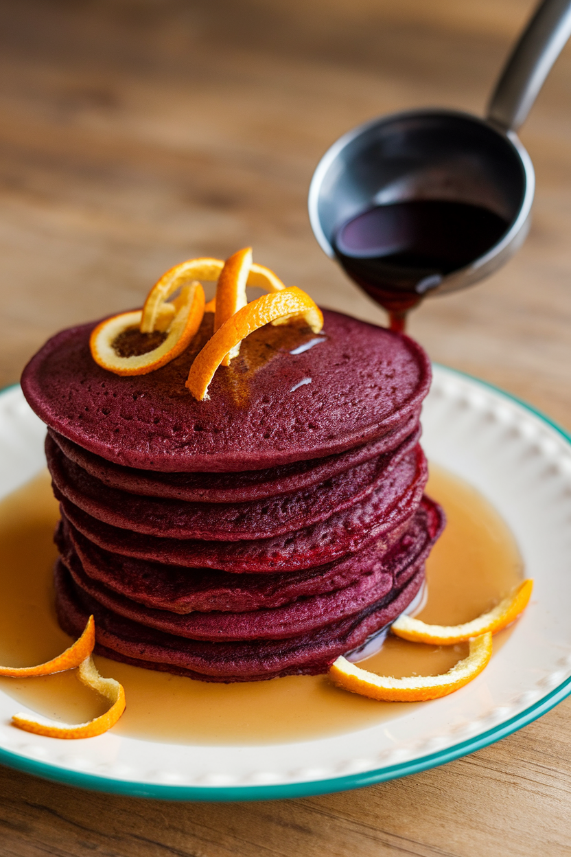 Indoor photo of burgundy-tinted pancakes with orange peel garnish and a ladle of mulled wine syrup on the side; no text or logos.