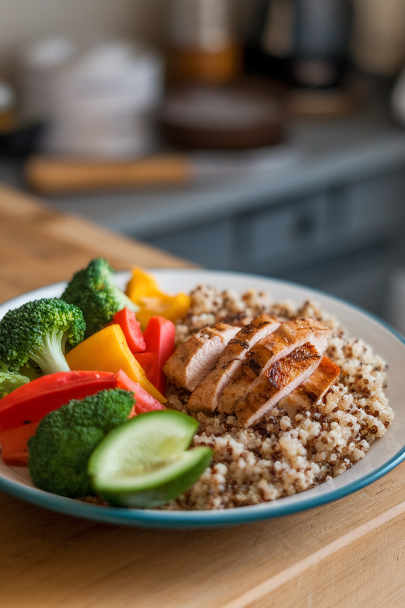 Photo prompt: An indoor dining table showcasing a balanced dinner plate where half is piled high with colorful steamed vegetables, the remainder holds grilled chicken and quinoa, no text or logos in sight.