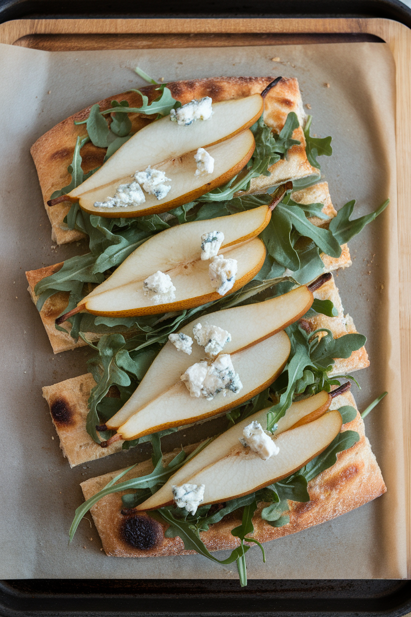 Indoor baking stone with sliced flatbread topped with thin pear slices, crumbled blue cheese, and arugula, no domestic branding or text.