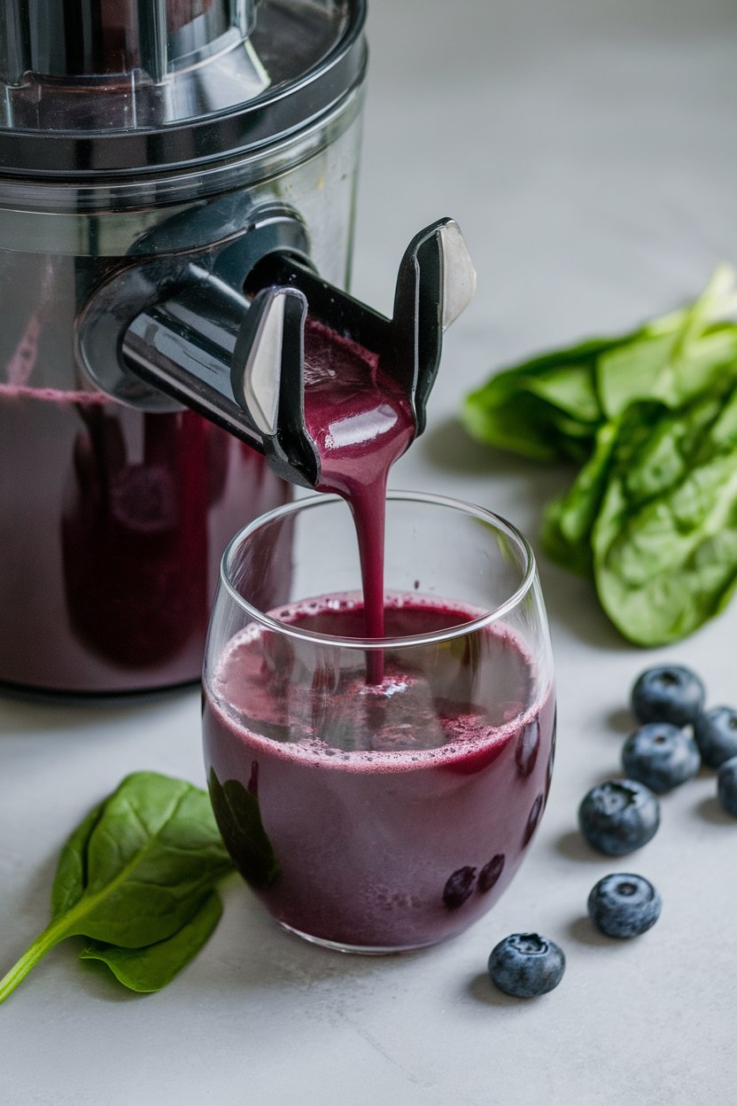 An indoor juicer pouring deep purple juice into a clear glass, blueberries and spinach leaves placed nearby. No text or logos. Photo.