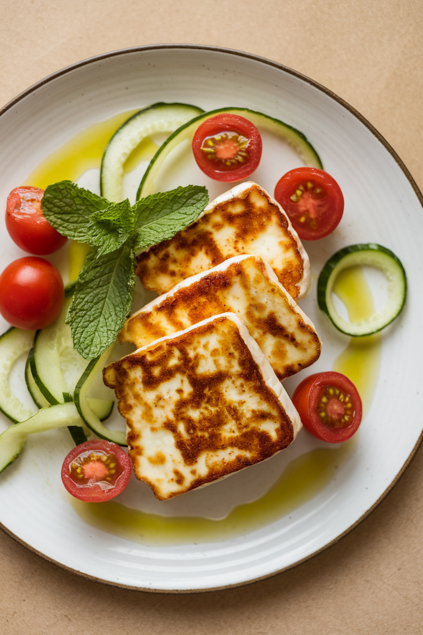 Photo of an indoor plate with seared halloumi cheese slices, cherry tomatoes, cucumber ribbons, and fresh mint, olive oil glistening, no visible logos.