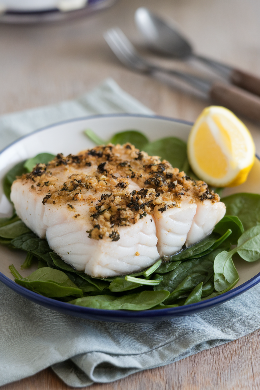 Indoor dining plate featuring cooked cod fillet with garlic herb crust, lemon wedge alongside, no raw fish, no text or logos