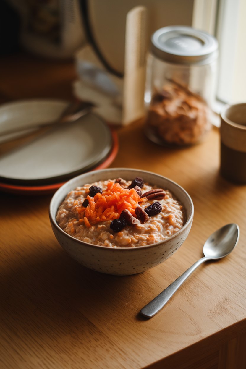 A warmly lit indoor table with a bowl of carrot-flecked oatmeal garnished with grated carrots, raisins, and chopped pecans. No text or logos in sight. Photo.