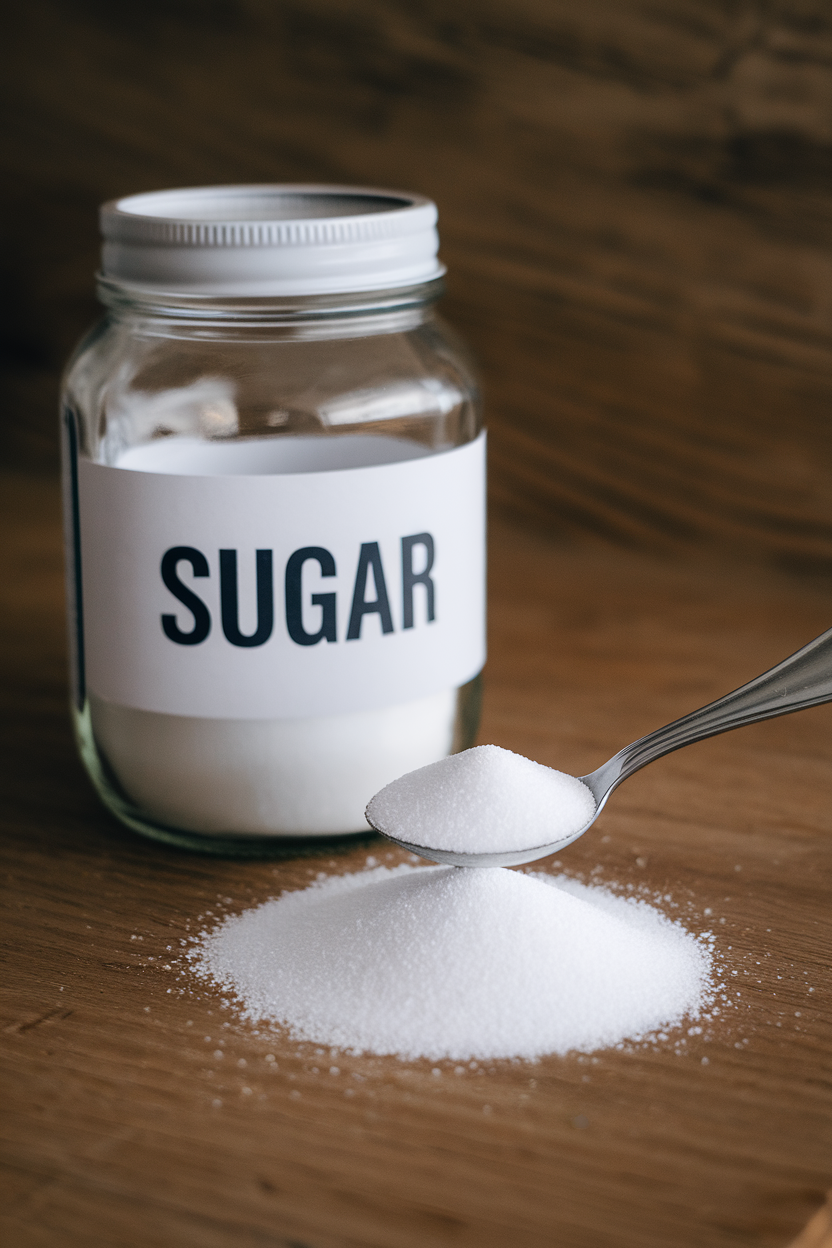 Indoor photo of a teaspoon overflowing with white sugar next to an empty glass jar labeled “Sugar” (label turned away to avoid text); no text or logos.