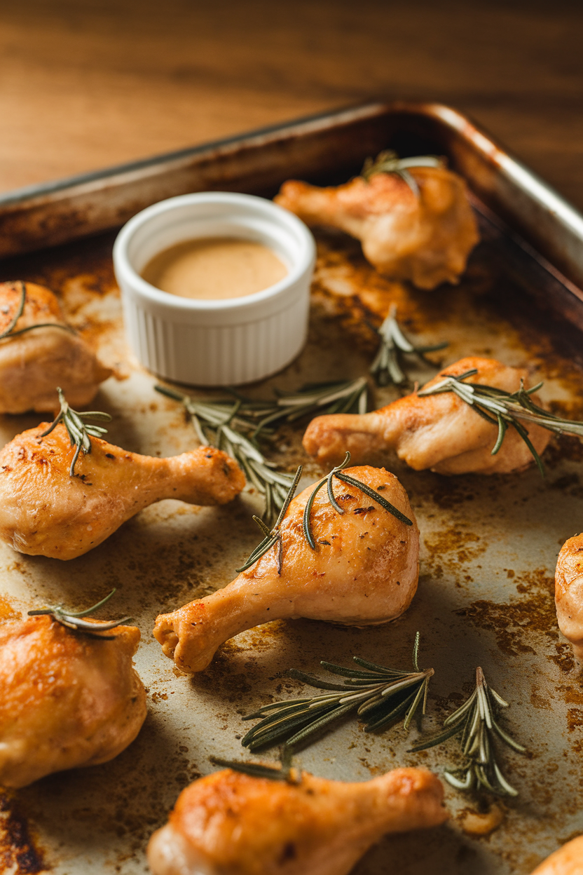 Photo indoors of a baking sheet lined with golden chicken drumettes sprinkled with fresh rosemary leaves, a small ramekin of dipping sauce nearby. No text or logos visible.