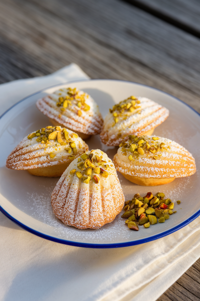 Indoor photo of shell-shaped madeleines dusted with powdered sugar and chopped pistachios, soft afternoon light; no text or logos.