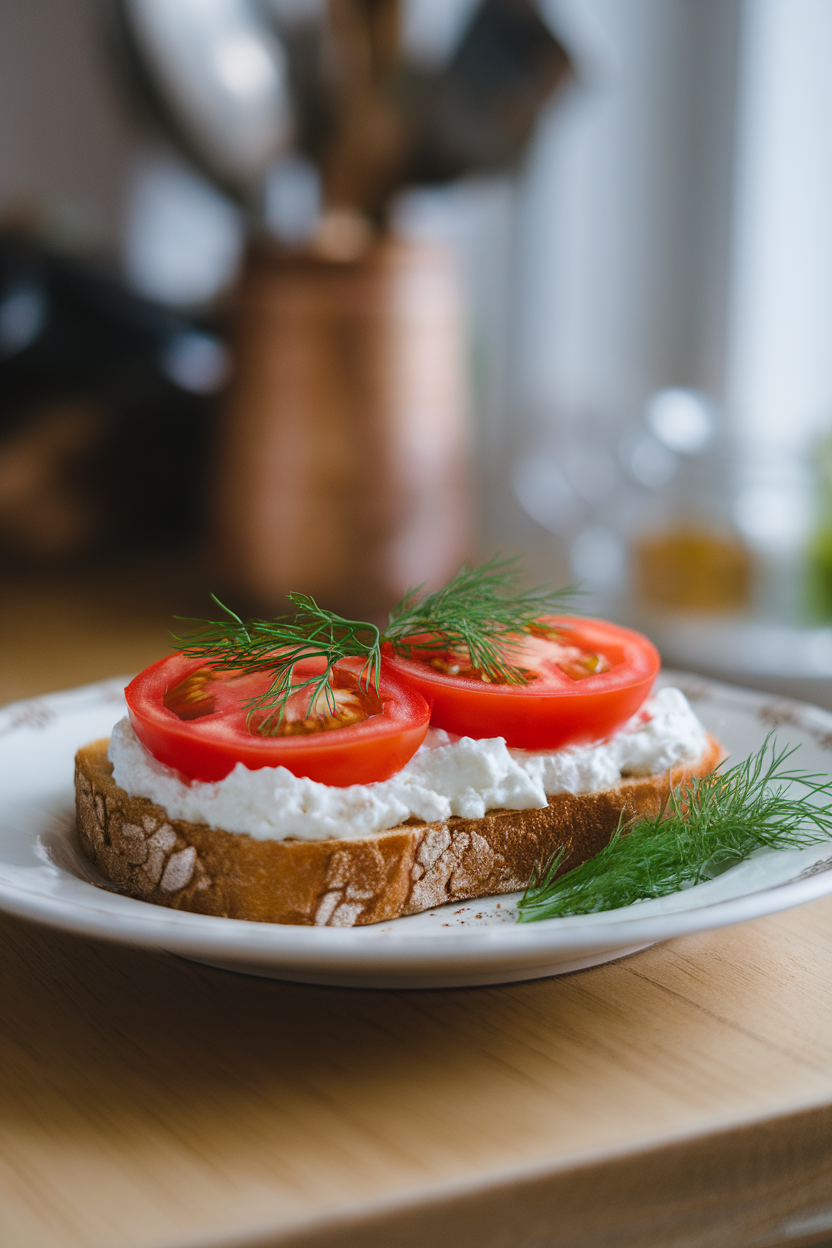 Indoor photo of toast spread with cottage cheese, topped with tomato slices and fresh dill, no text or logos.