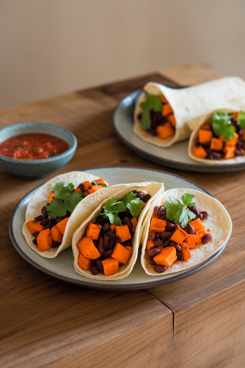 A wood indoor dining table with three warm corn tortillas filled with roasted sweet potato cubes, black beans, and a sprinkle of cilantro. No text or logos. Photo only.