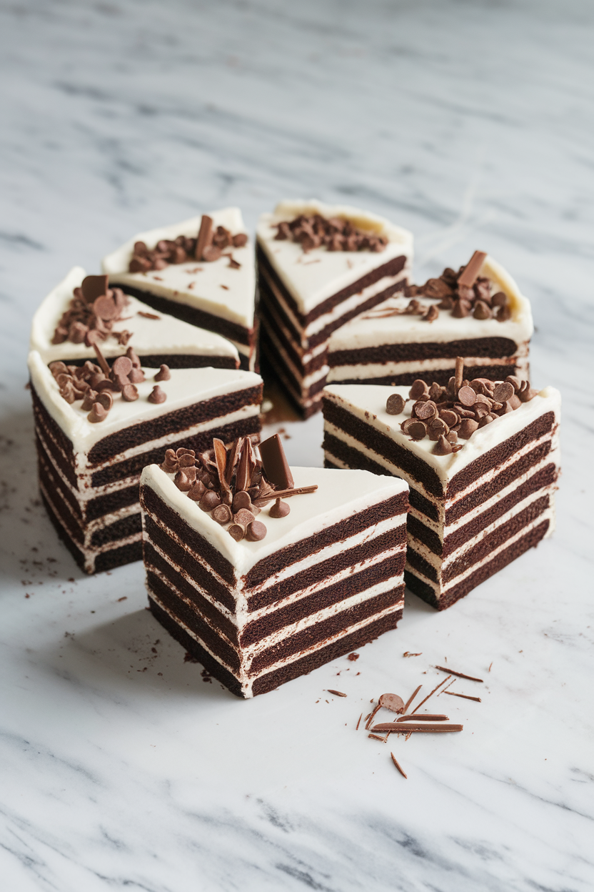 Slices of deep black cocoa cake with white frosting layers, indoor marble countertop, no text or logos.