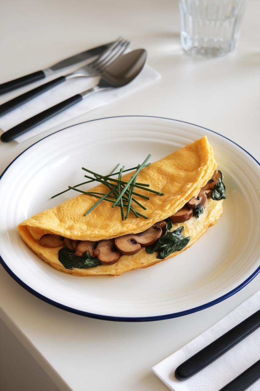 Indoor breakfast plate featuring a folded omelet stuffed with sautéed mushrooms and spinach, a sprinkle of chives on top. No text or logos. Photo, not illustration.