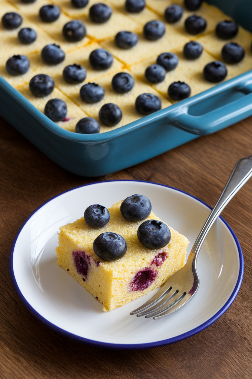 An indoor baking dish containing firm polenta squares studded with blueberries, one square plated with a fork. Photo, no text or logos.