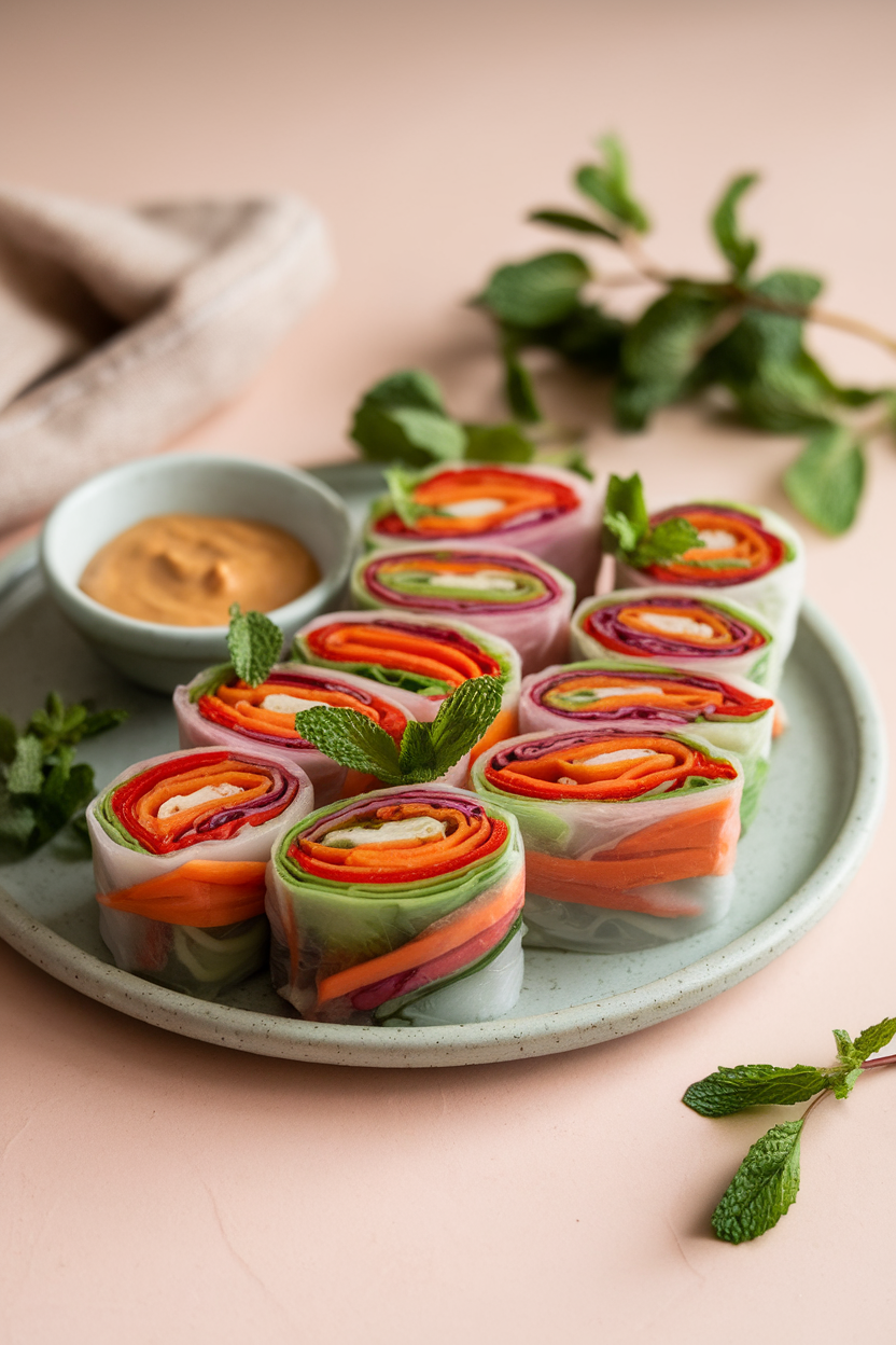 A photo of neatly sliced rice paper rolls arranged on a ceramic plate indoors, showing colorful layers of red bell pepper, carrot ribbons, purple cabbage, and fresh mint. A small bowl of peanut dipping sauce sits nearby. Soft diffused lighting; no text or logos anywhere.