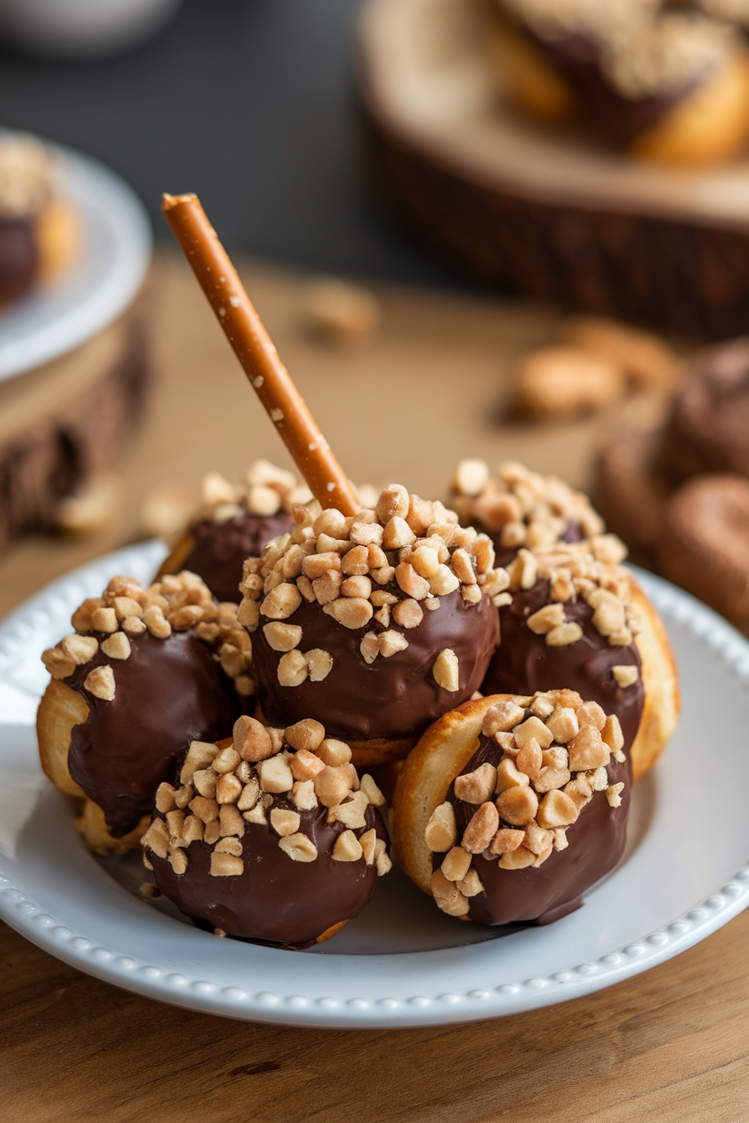 An indoor dessert plate featuring doughnut holes half-dipped in chocolate with chopped peanuts on top, a pretzel stick as the acorn stem. Photo, no text or logos.