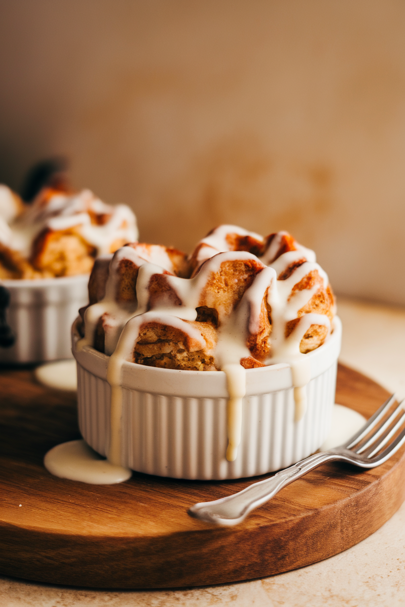 Photo of an indoor ramekin of cinnamon roll bread pudding drizzled with cream cheese icing, a fork resting nearby. No text or logos visible.