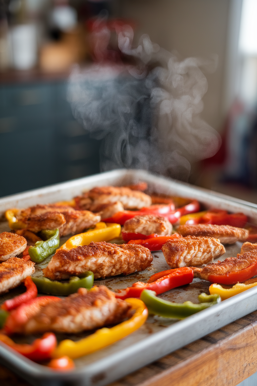 Photo of a sheet pan loaded with cooked chicken strips and colorful bell peppers, steam rising, indoors. No text or logos. Photo, not illustration.