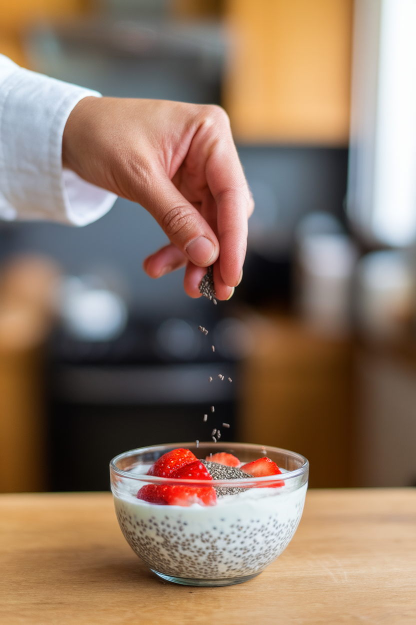Indoor close-up of a hand sprinkling chia seeds onto a bowl of yogurt and strawberries, no text or logos. Photo.
