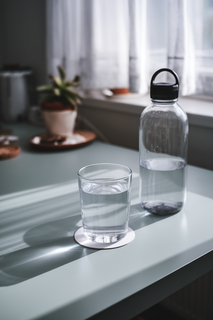 A clear glass of water on an indoor kitchen table catching soft morning light, a reusable bottle beside it—photo, no text or logos.