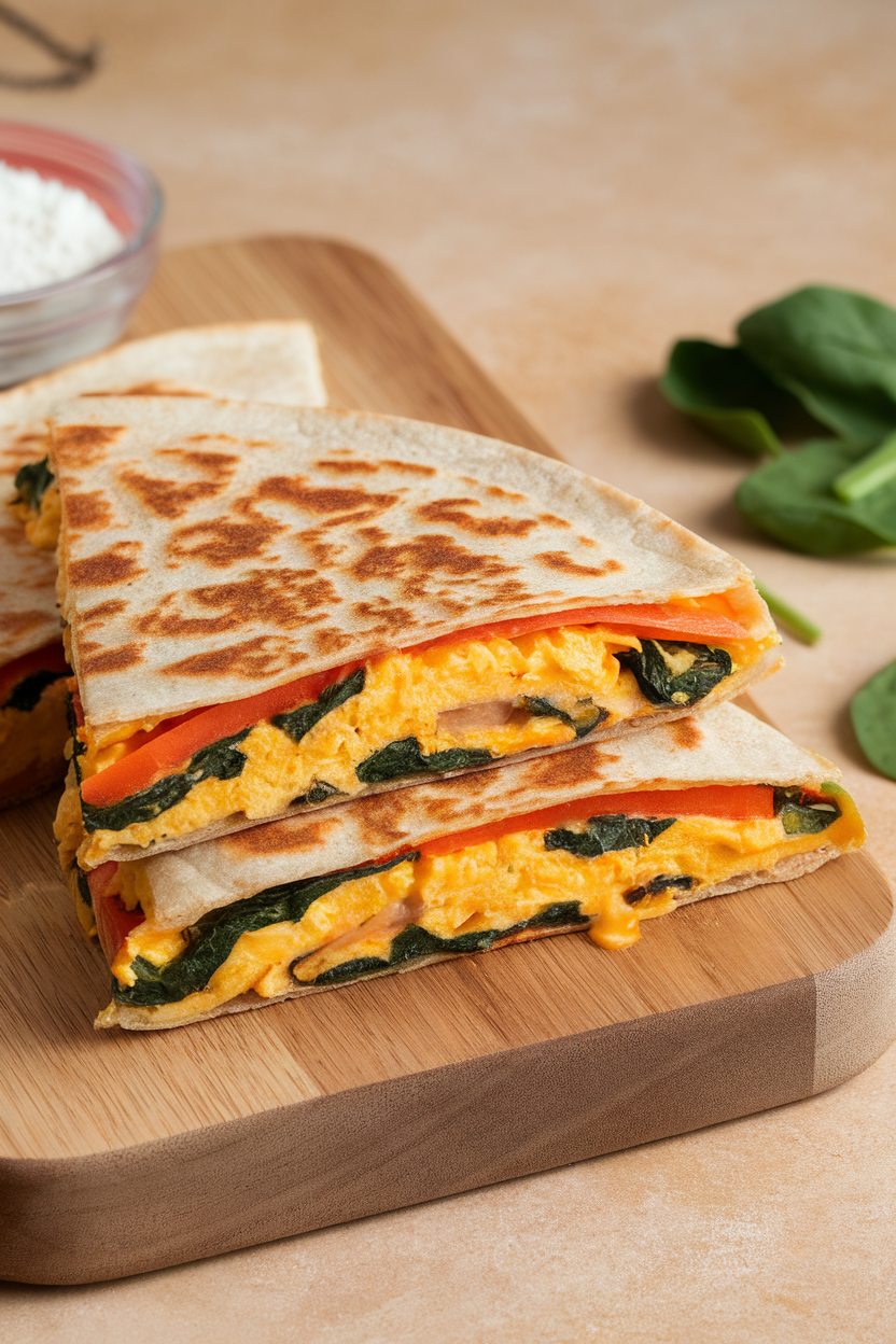 Indoor photo of a sliced whole-wheat quesadilla oozing scrambled eggs, peppers, and spinach on a cutting board; no text or logos.