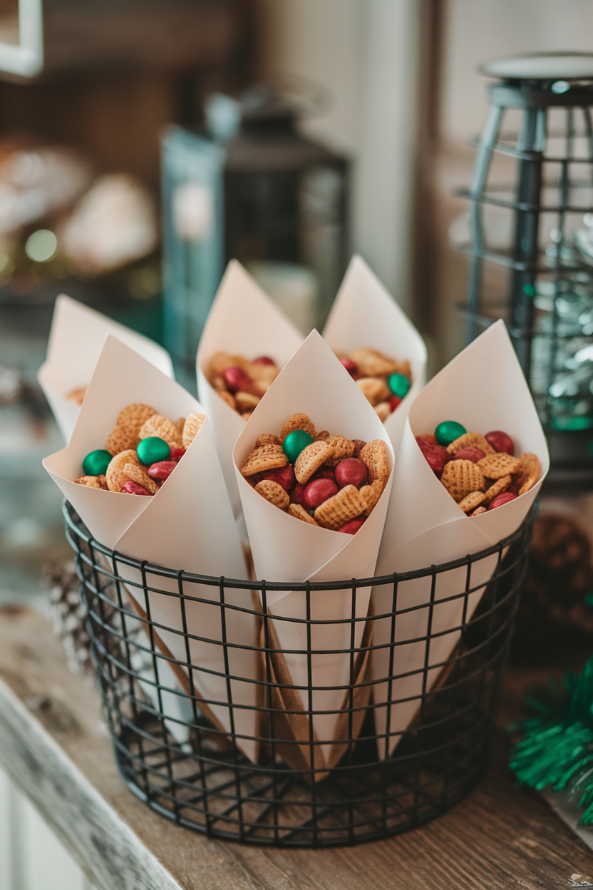 An indoor basket holding paper cones filled with spiced Chex mix featuring red and green candies, no logos.