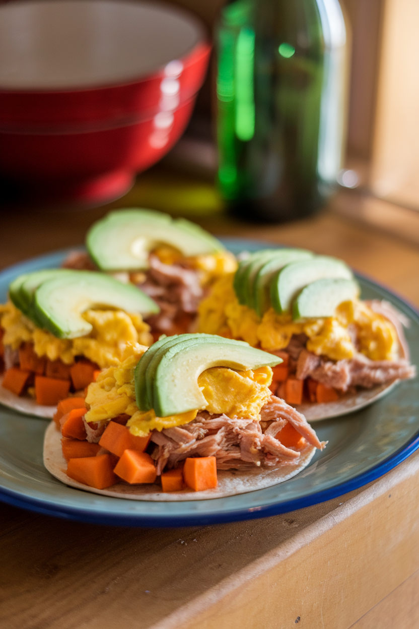 Indoor plate with soft tortillas filled with diced sweet potato, shredded turkey, scrambled eggs, topped with avocado slices. No branding or text visible.