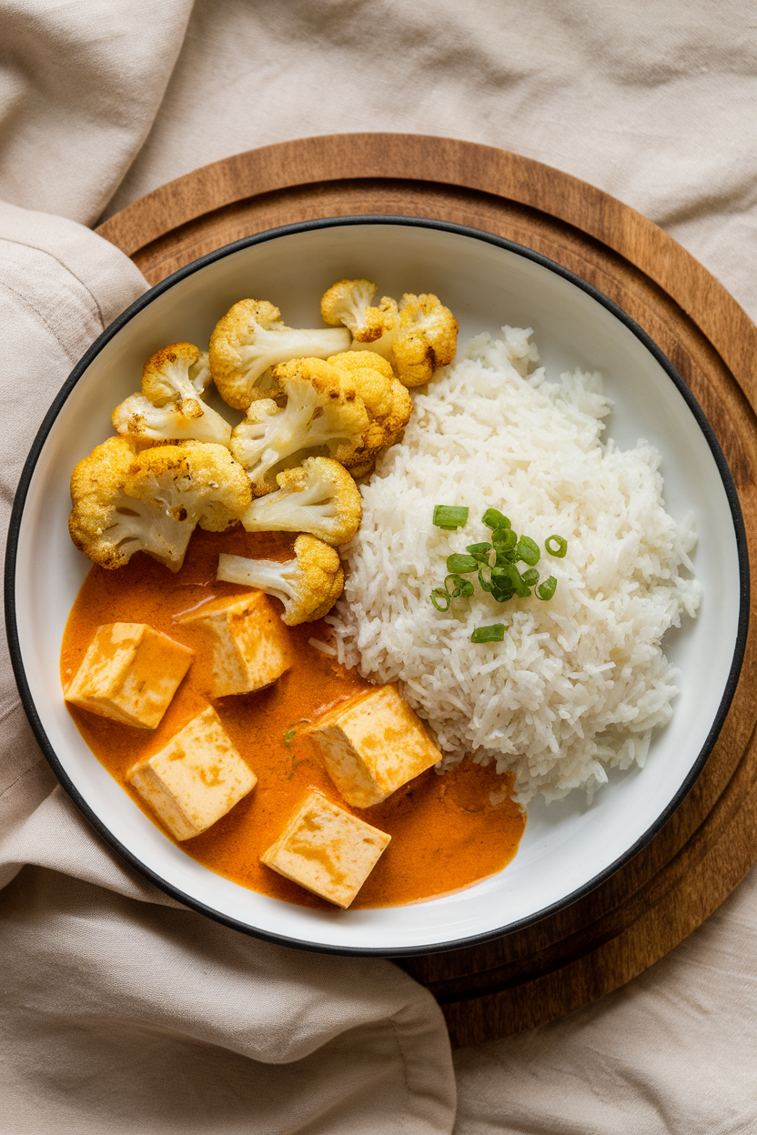 Indoor photo of tofu cubes in red curry sauce, white jasmine rice, and roasted cauliflower florets on a round plate. No text or logos.