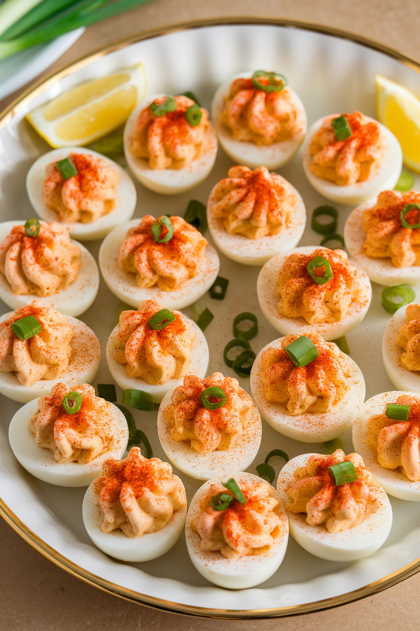 Indoor photo of deviled eggs topped with spicy crab mixture and a dusting of paprika, arranged in rows. No text or logos.