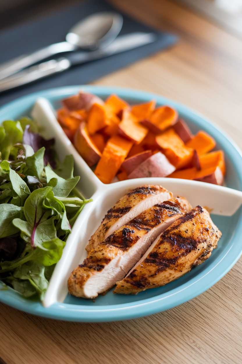 An indoor dinner plate divided visually: half greens, one-quarter grilled chicken, one-quarter sweet potato—photo, no text or logos.