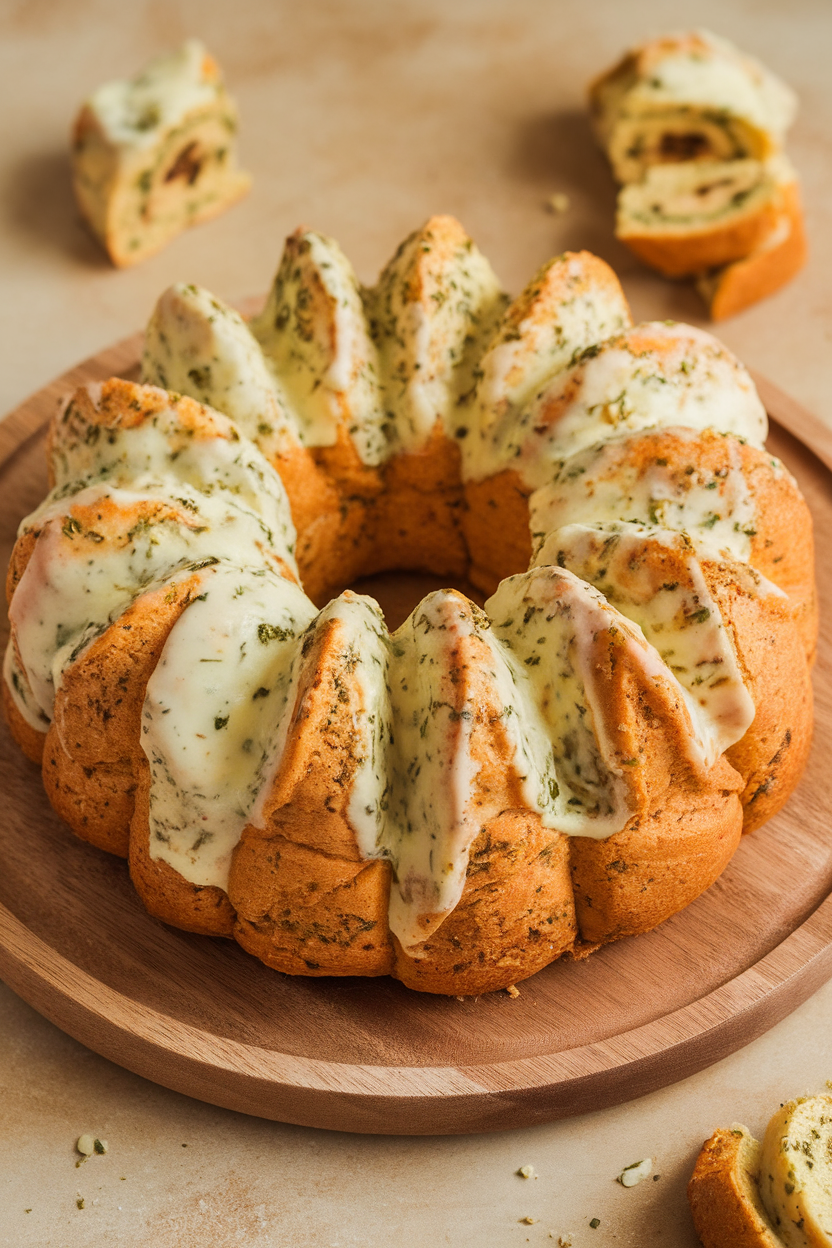 Indoor photo of pull-apart monkey bread pieces coated in garlic herb butter in a Bundt-shaped mound. No text or logos.