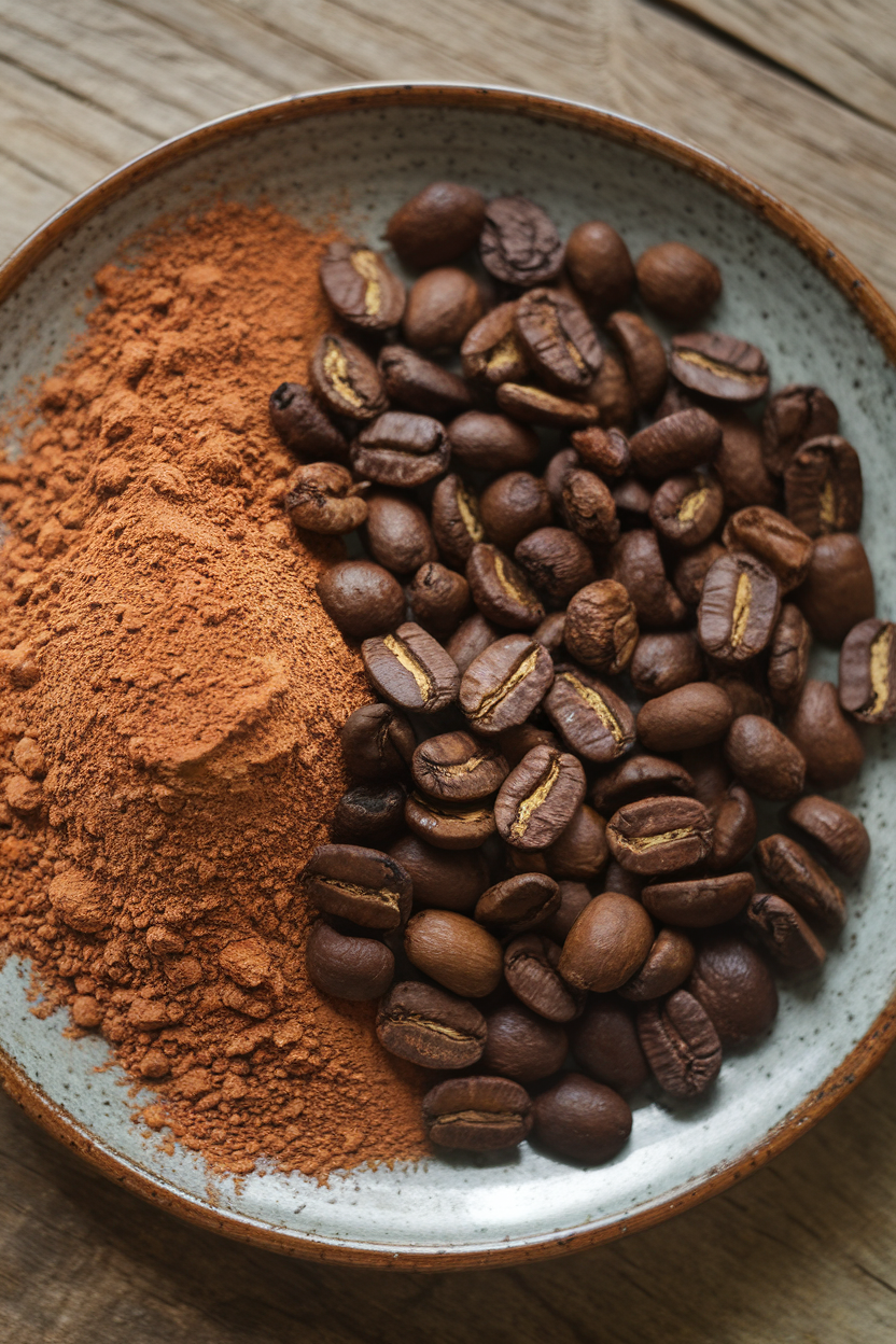 Indoor shot of cocoa powder and whole espresso beans artfully scattered on a plate, no text or logos