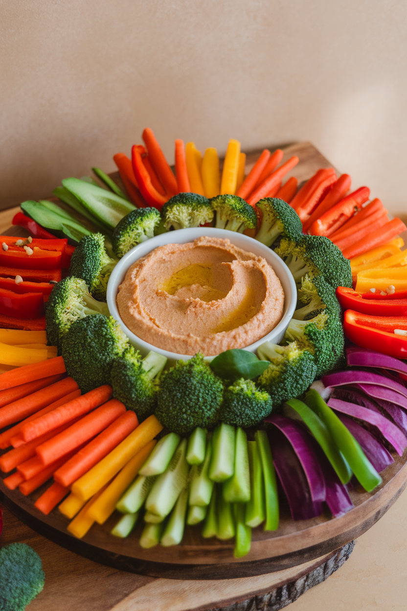 Indoor photo of a rainbow veggie platter—carrot sticks, bell pepper strips, broccoli florets—centered around a hummus bowl, no text or logos. Photo.