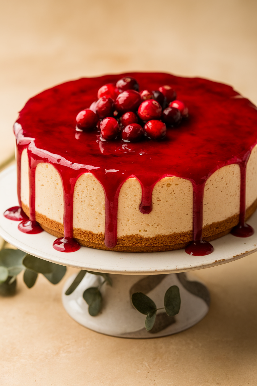 Indoor photo of creamy cheesecake topped with vibrant cranberry glaze on a pedestal stand, no text or logos