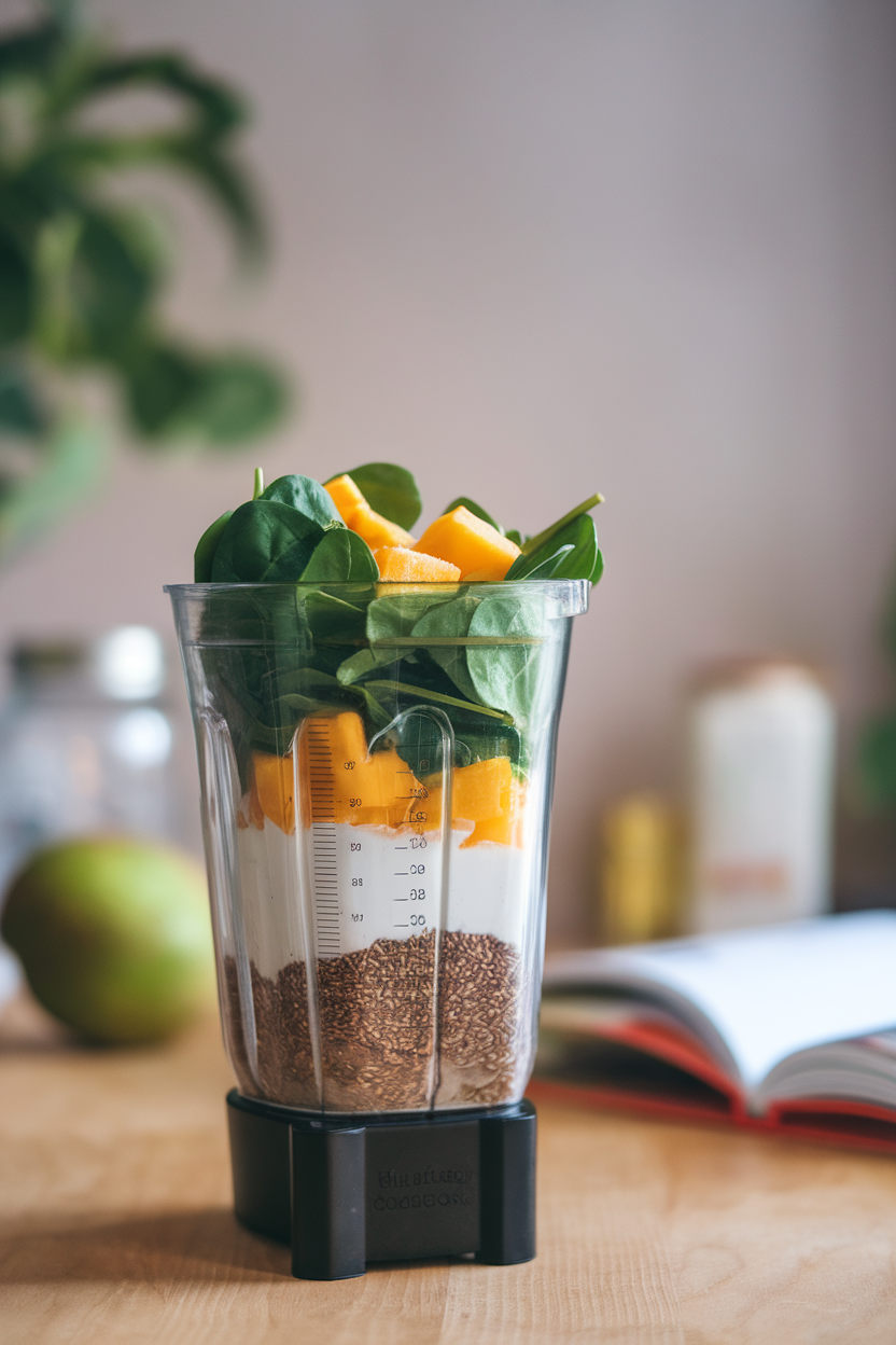 Photo of an indoor blender cup filled with spinach, frozen mango, Greek yogurt, and flax seeds before blending. No text or logos visible.