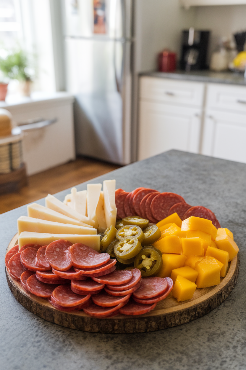 Indoor kitchen counter featuring a vibrant board with cooked chorizo slices, manchego wedges, pickled jalapeños, and mango chunks; no visible logos.