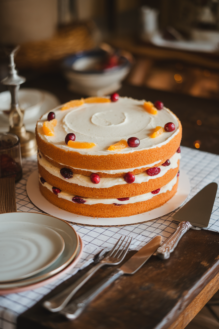 Rustic indoor dining table with a partially frosted three-layer cake showing golden sponge edges, dotted with fresh cranberries and thin orange slices between layers. Warm ambient light, no logos.