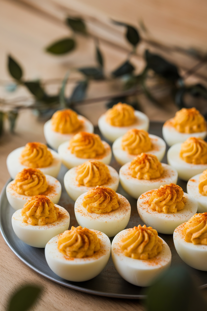 Indoor photo of deviled eggs neatly lined up on a platter, yolk filling dusted with smoked paprika; no text or logos