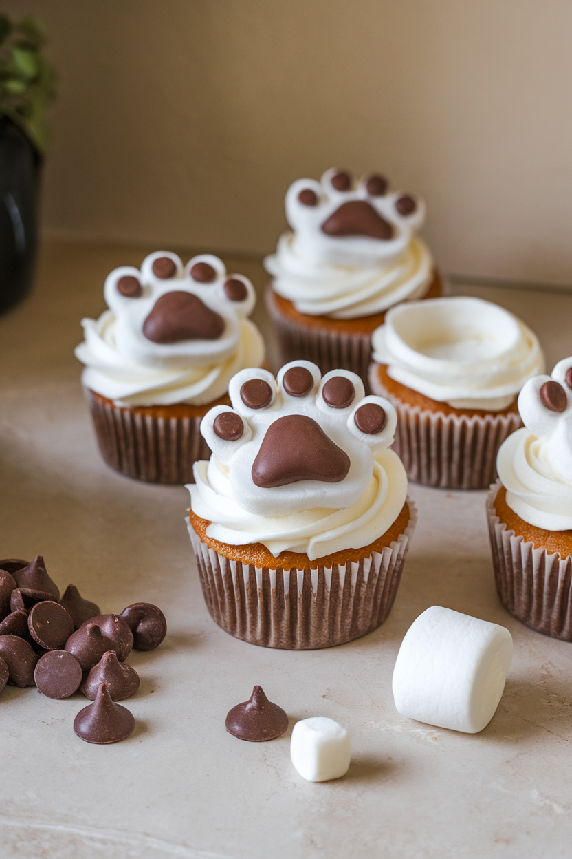 Photo of indoor countertop with white-frosted cupcakes topped by large marshmallow paw pads and smaller chocolate chips for toes, no text or logos.